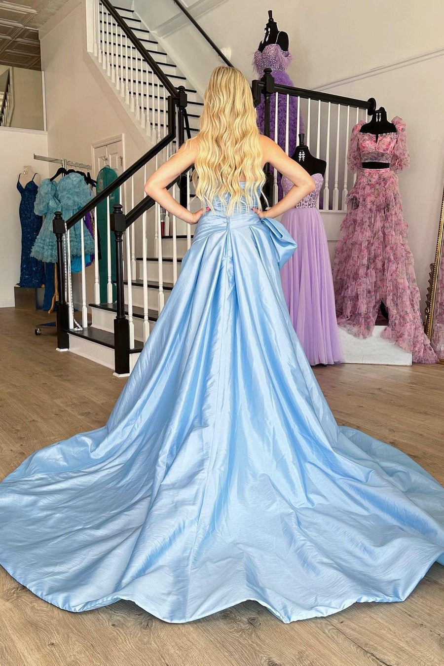 Charming Light Blue A-Line Strapless Court Train Satin Prom Dress with Bowknot