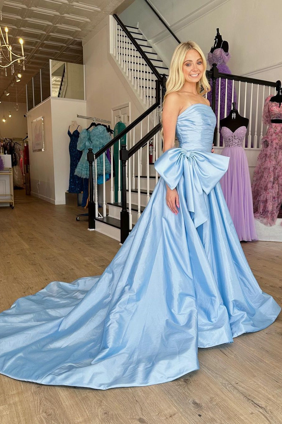 Charming Light Blue A-Line Strapless Court Train Satin Prom Dress with Bowknot