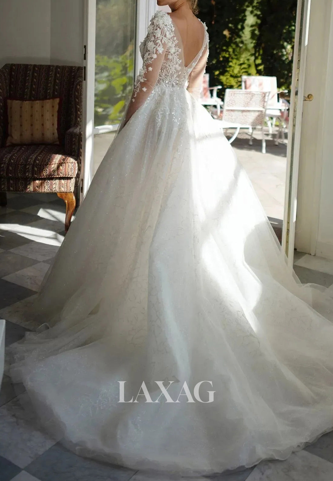 Deep V-Neck Long-Sleeves Beaded Bride Gowns Applique Pleated Tulle A-Line Wedding Dress