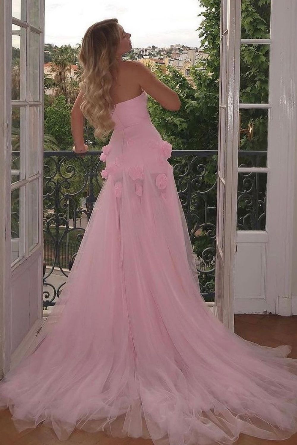 Charming Pink Mermaid Strapless Long Tulle Prom Dress with 3D Flowers