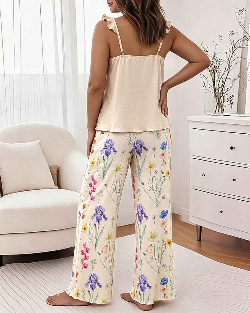 Floral Wide Leg Cami Pajama Set | Ruffle Trim & Comfortable Fit