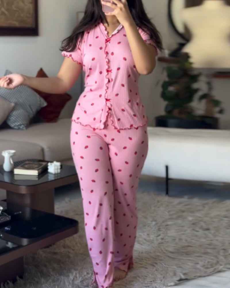 Cozy Strawberry Print Pajama Set with Stand Collar for Women