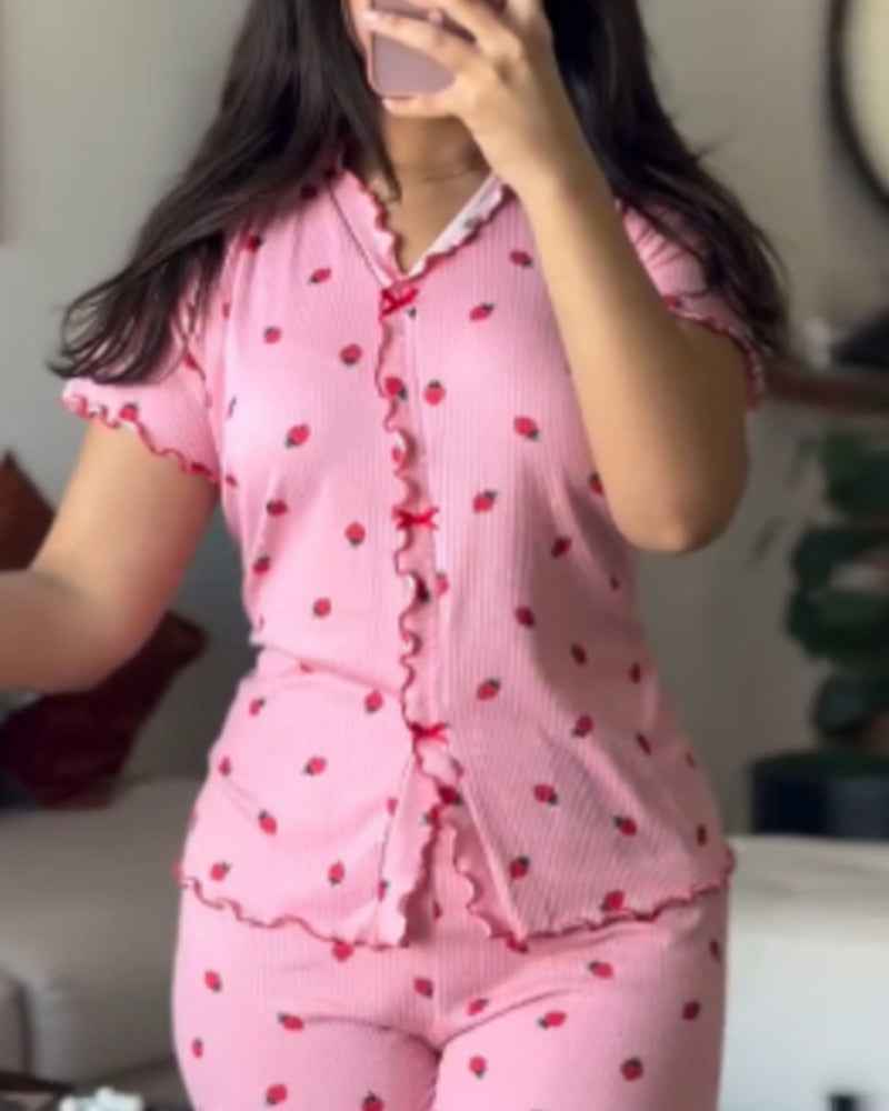 Cozy Strawberry Print Pajama Set with Stand Collar for Women