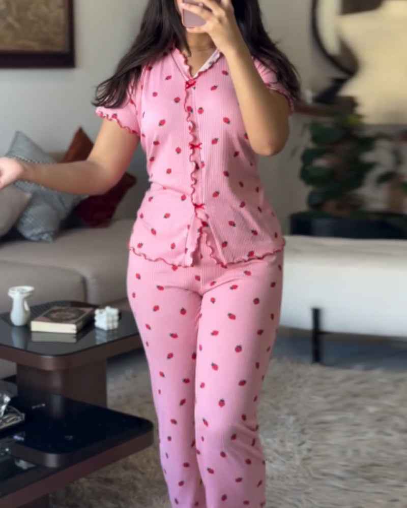 Cozy Strawberry Print Pajama Set with Stand Collar for Women