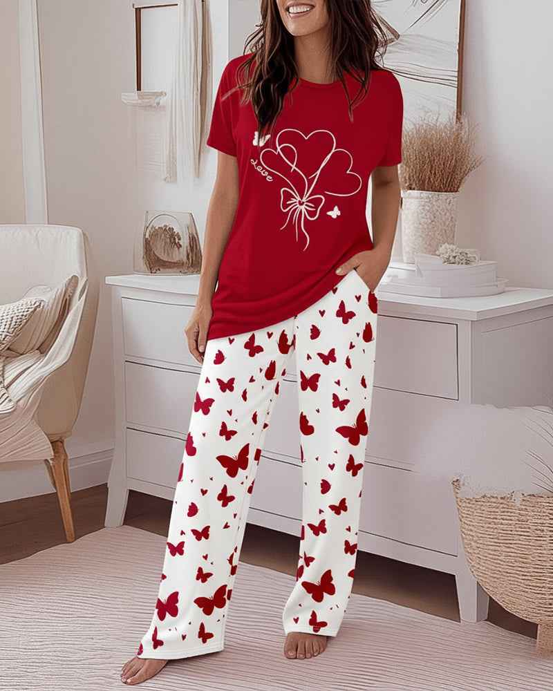 Pink Pajama Set Elastic Waist Pants Heart Print Cozy Knit Soft Relaxed Fit All Day Comfort