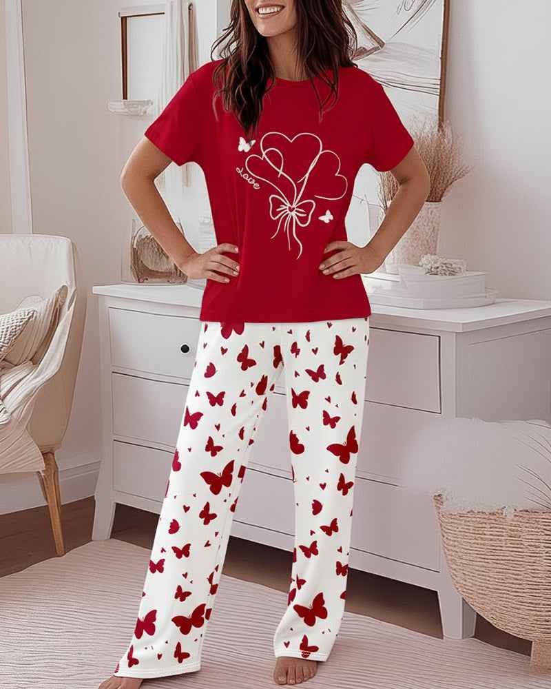 Pink Pajama Set Elastic Waist Pants Heart Print Cozy Knit Soft Relaxed Fit All Day Comfort