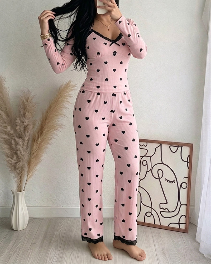 Women's Heart Print Lounge Set with Lace Trim | Cozy Home Comfort