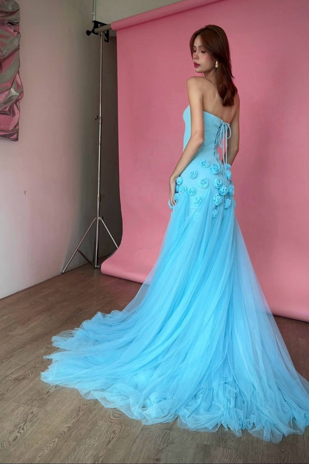 Charming Pink Mermaid Strapless Long Tulle Prom Dress with 3D Flowers