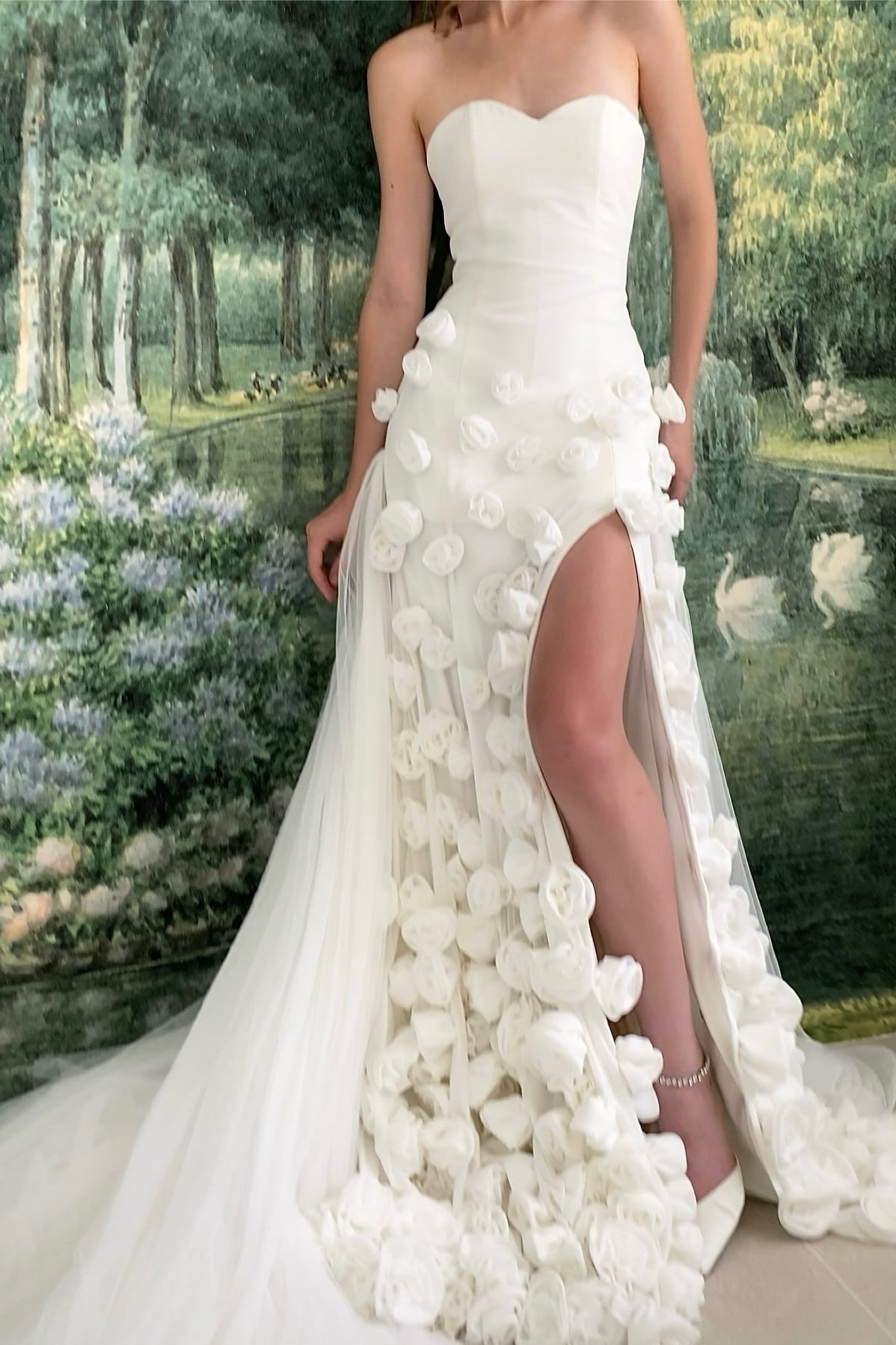 Charming Pink Mermaid Strapless Long Tulle Prom Dress with 3D Flowers