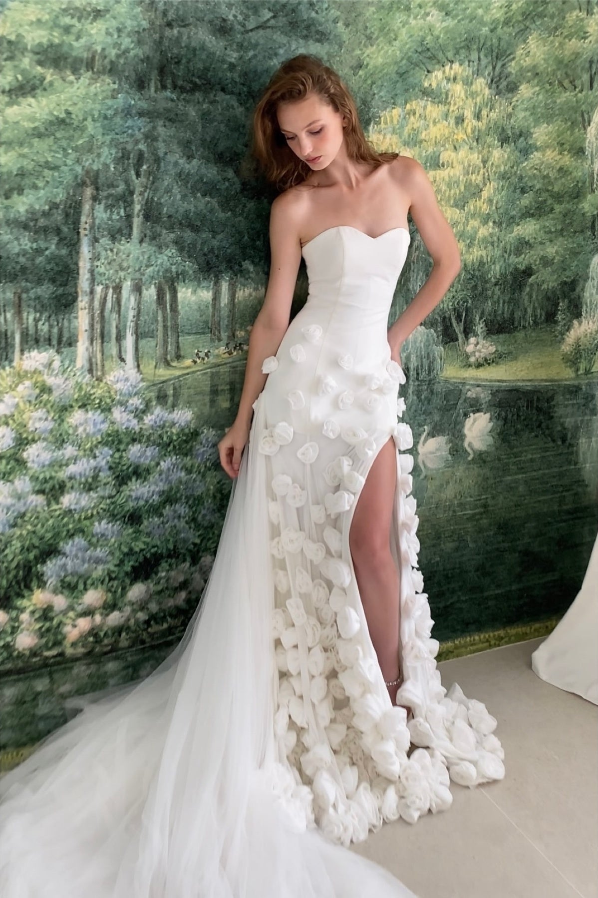 Charming Pink Mermaid Strapless Long Tulle Prom Dress with 3D Flowers
