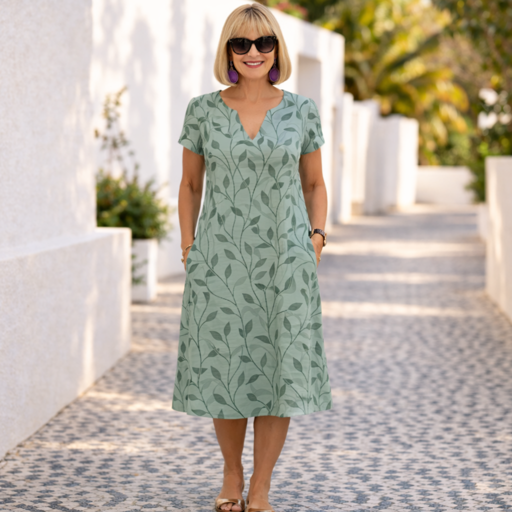 Leaf Print Notch Neck Short Sleeve A-Line Midi Dress with Pockets