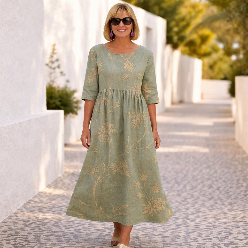 Round Neck Half Sleeve Floral Embroidered Midi Dress