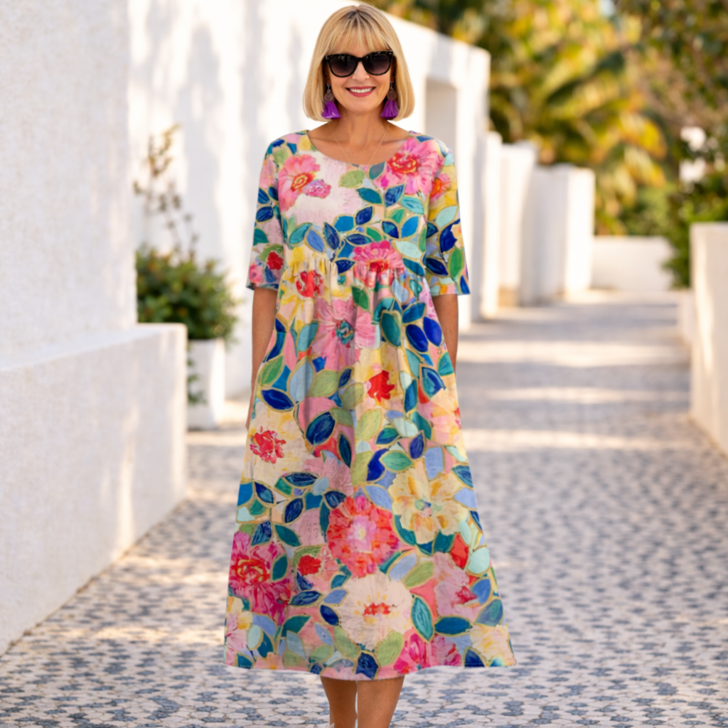 Round Neck Half Sleeve Floral Embroidered Midi Dress