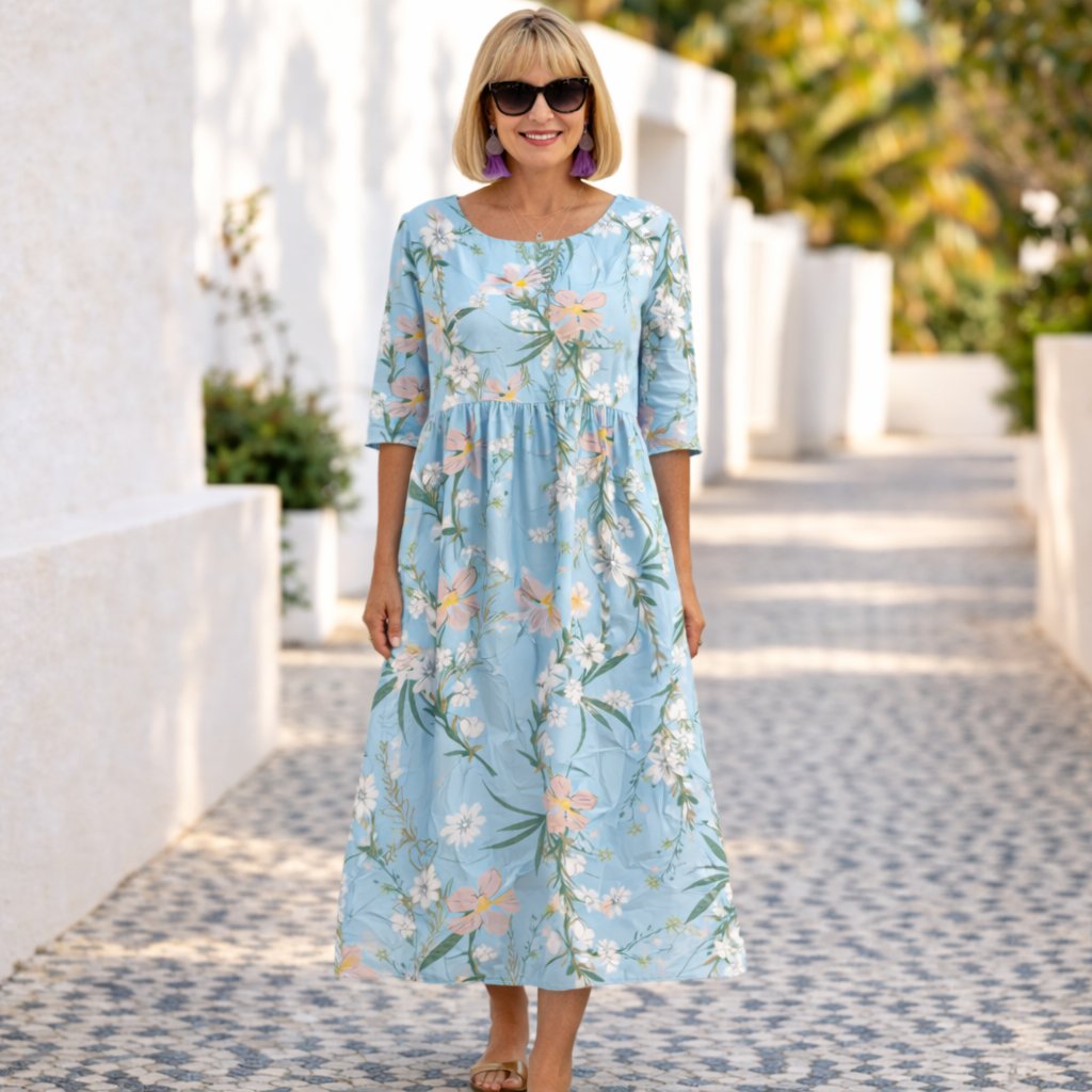 Floral Round Neck Half Sleeve Empire Midi Dress