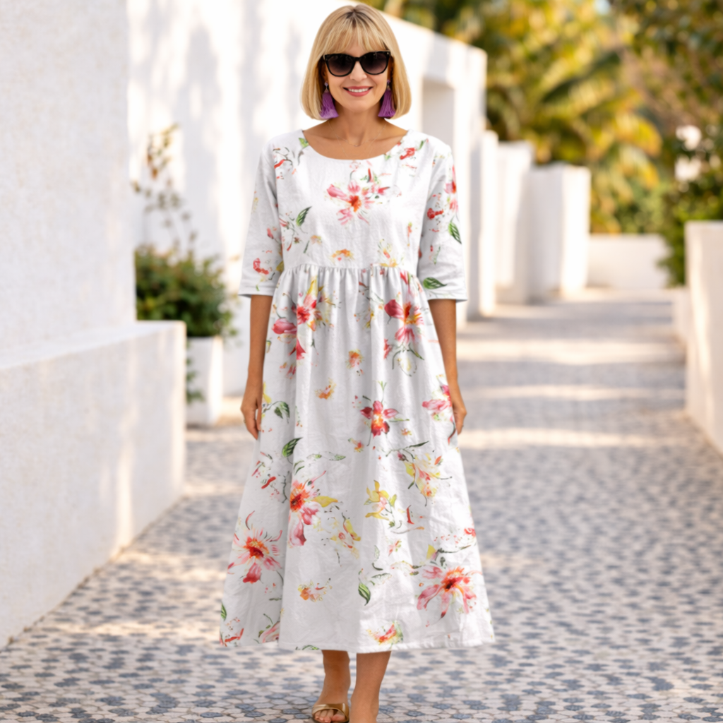 Floral Round Neck Half Sleeve Empire Midi Dress