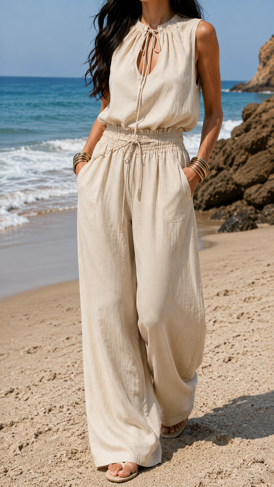 Sleeveless Tie Neck Wide Leg Linen Look Jumpsuit