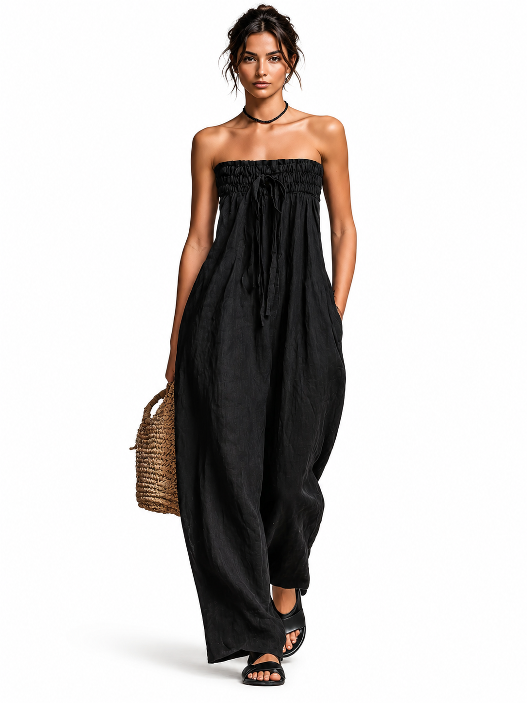 Strapless Smocked Drawstring Wide Leg Jumpsuit