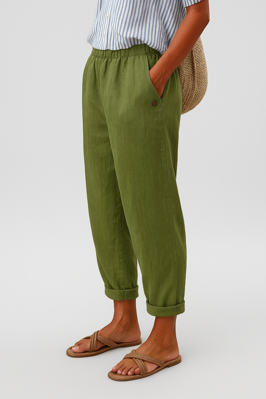 High Waist Tapered Crop Linen Look Pants