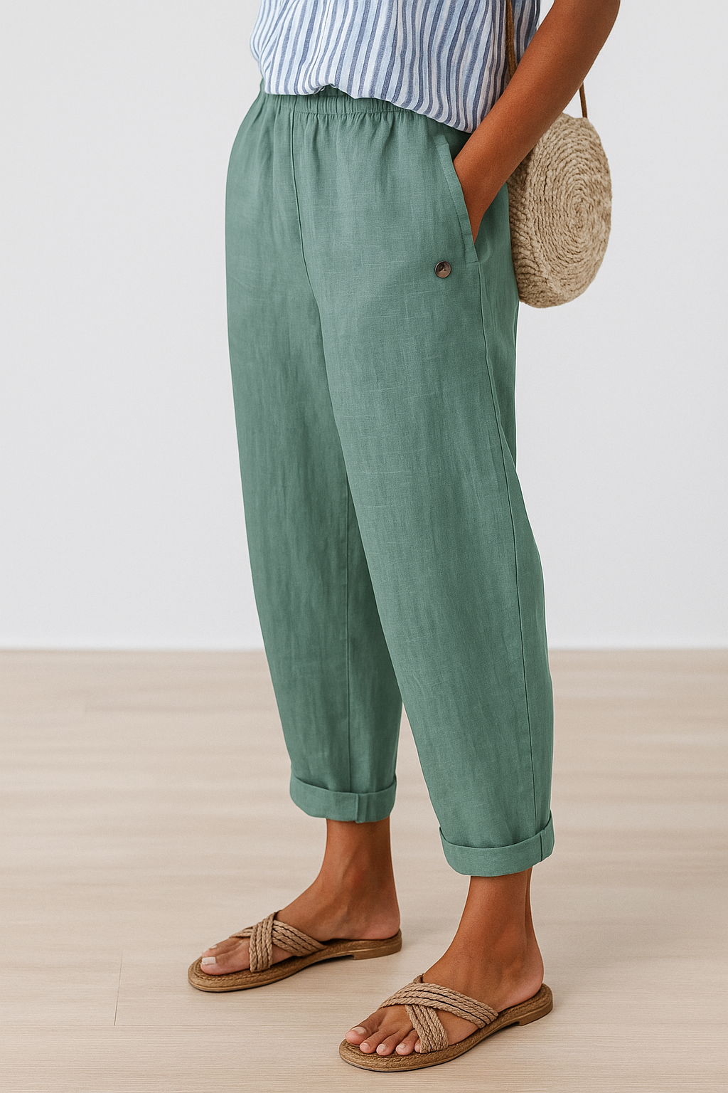 High Waist Tapered Crop Linen Look Pants