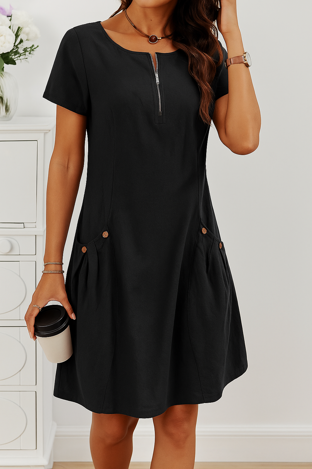 Quarter Zip Round Neck Short Sleeve Pocket Midi Dress