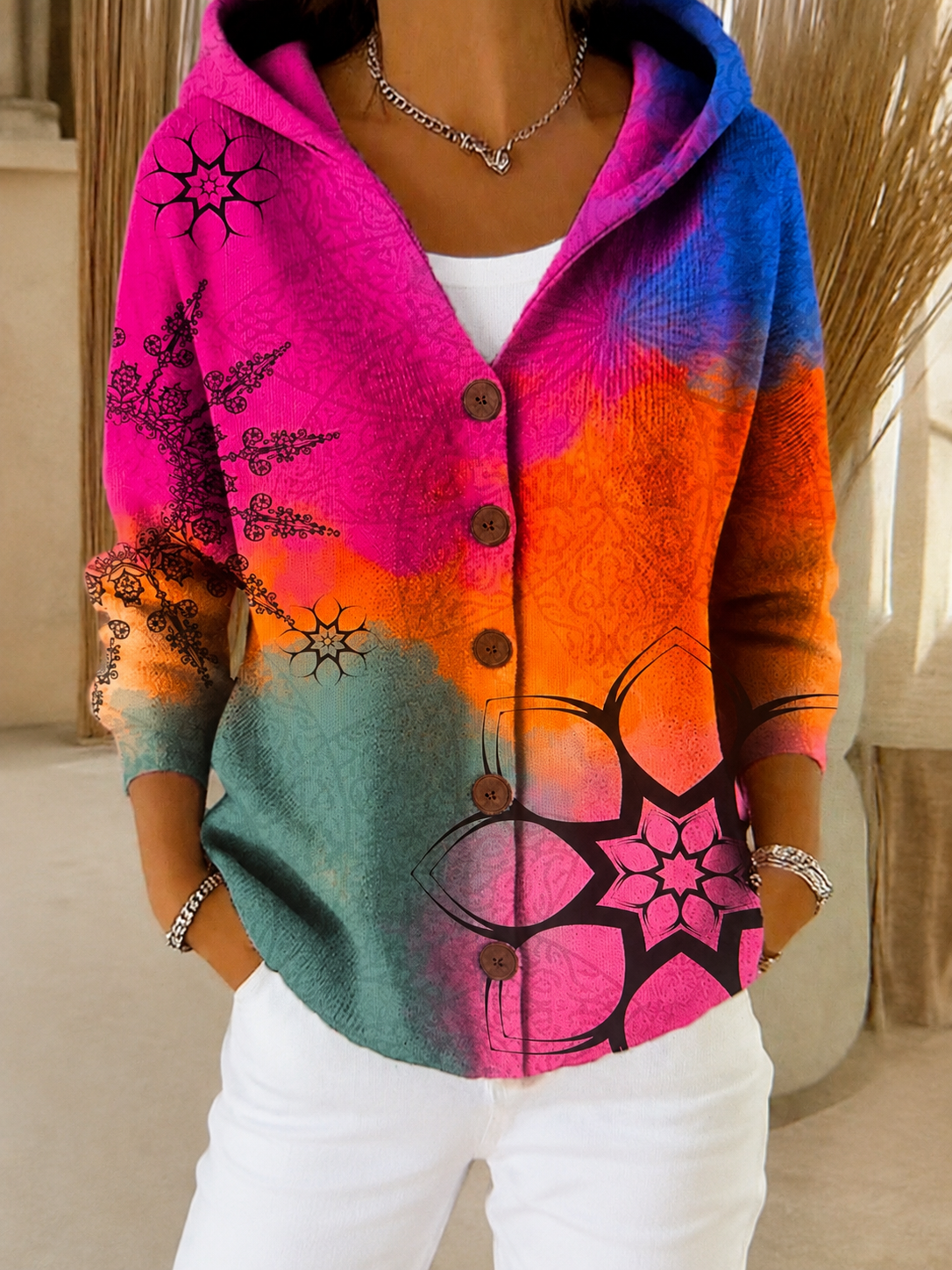 Gradient Floral Print Hooded Button Front Top
