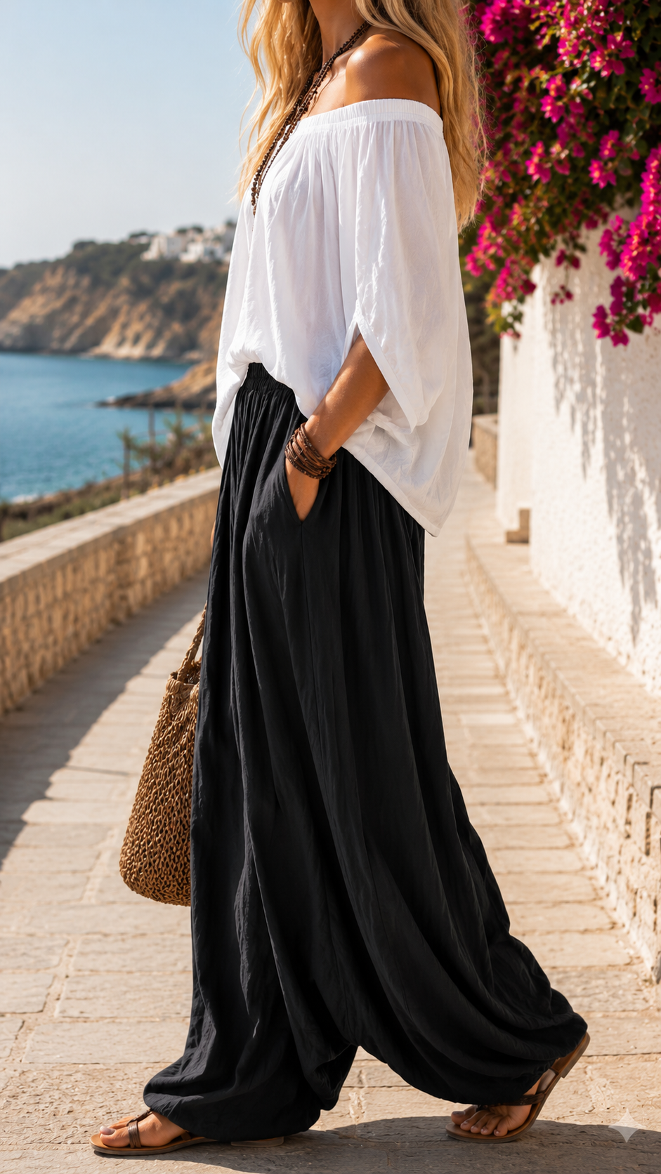 Off Shoulder Batwing Top and Wide Leg Harem Pants Two Piece Set