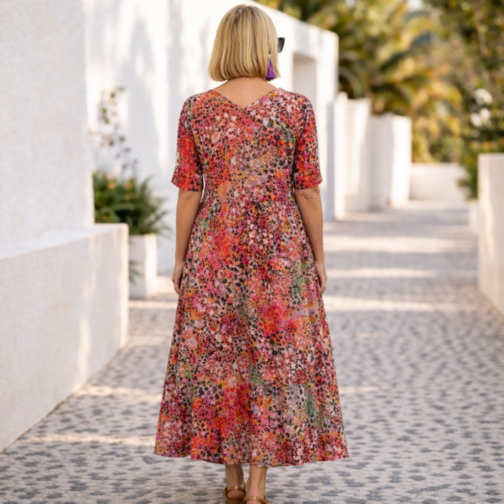 V-Neck Short Sleeve Floral Pocket Midi Dress