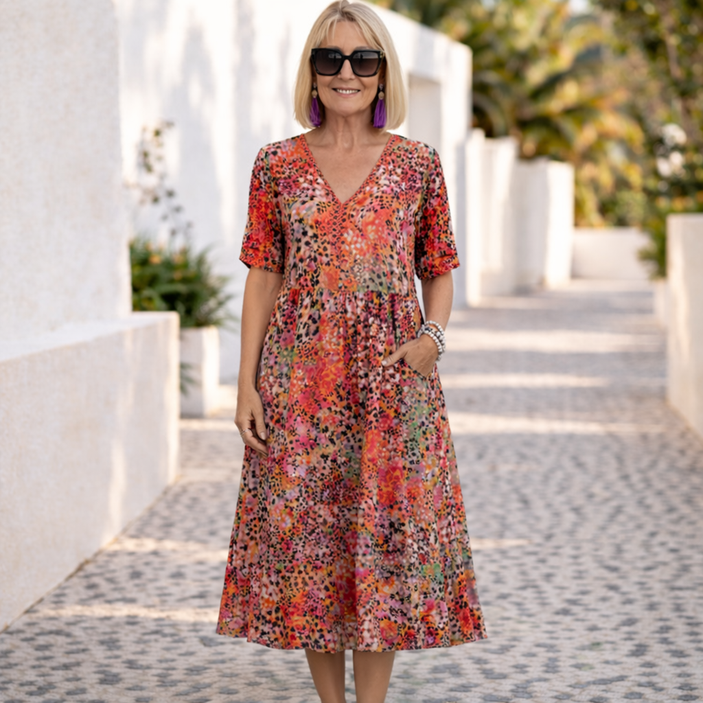 V-Neck Short Sleeve Floral Pocket Midi Dress
