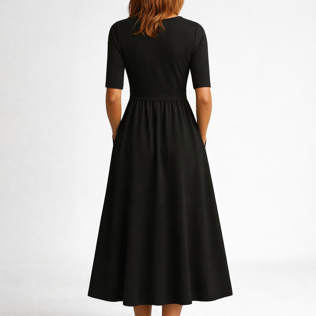 V-Neck Wrap Short Sleeve Pocket Fit and Flare Midi Dress