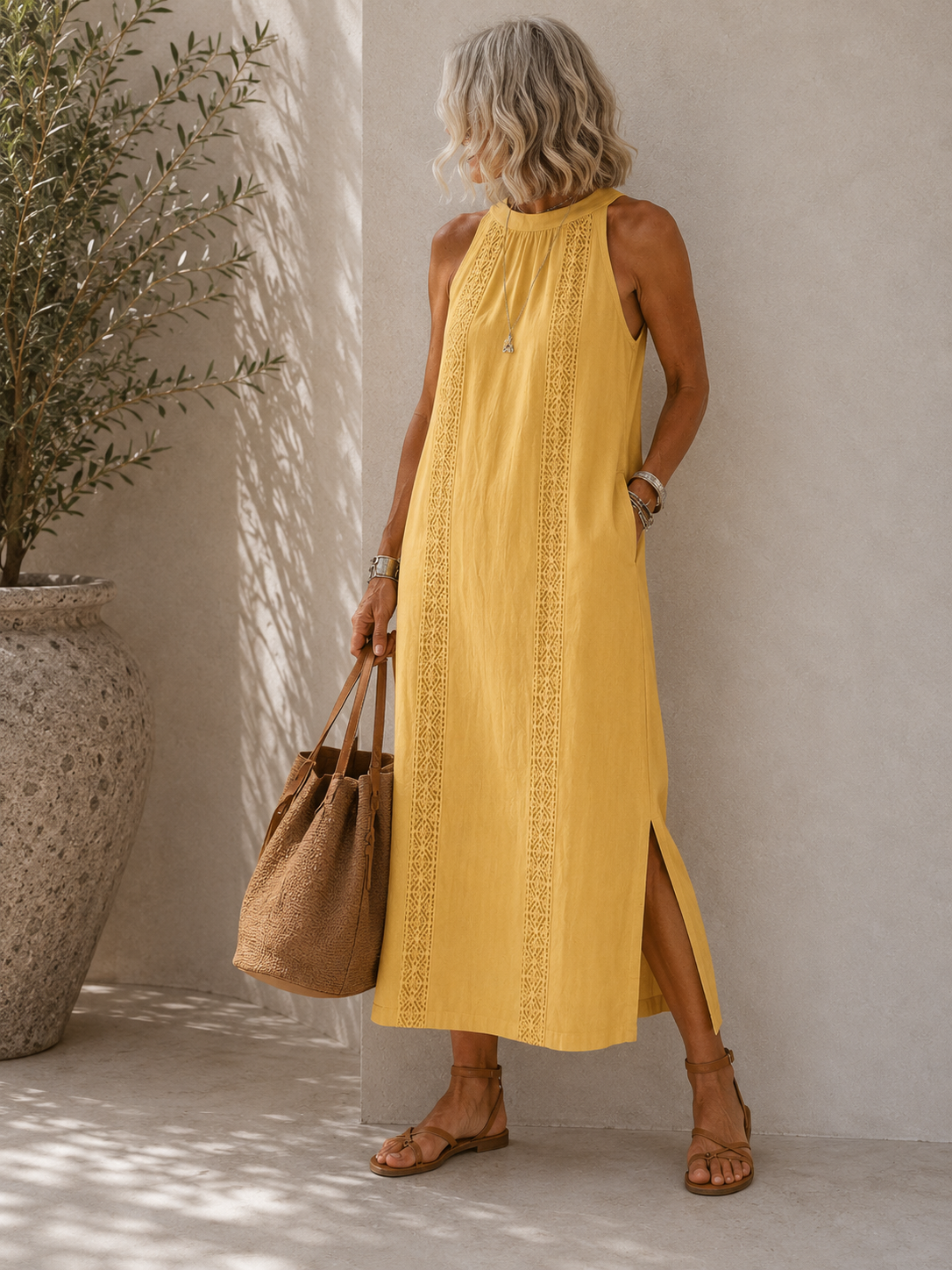 Lace Panel Halter Neck Side Split Maxi Dress