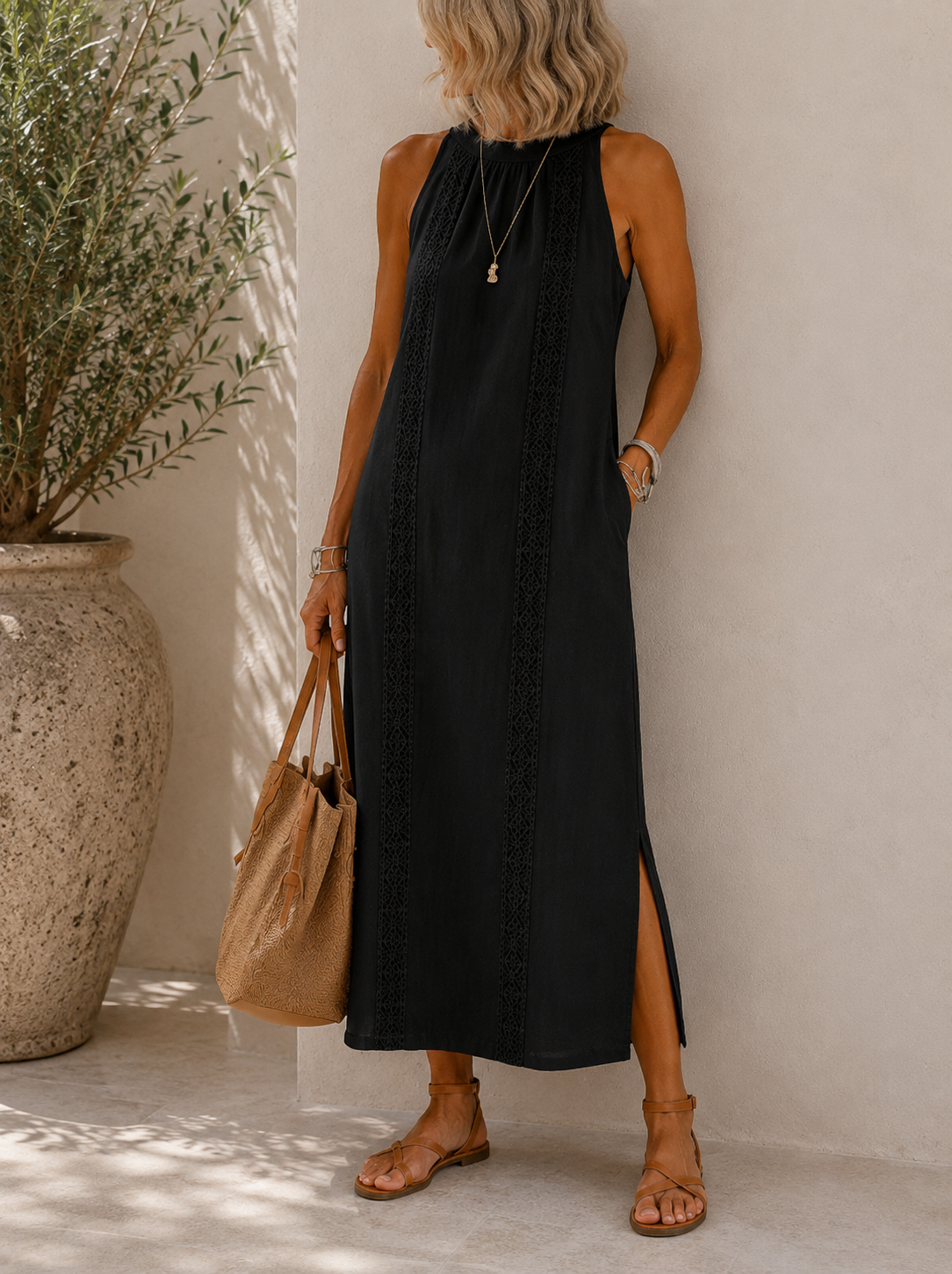 Lace Panel Halter Neck Side Split Maxi Dress