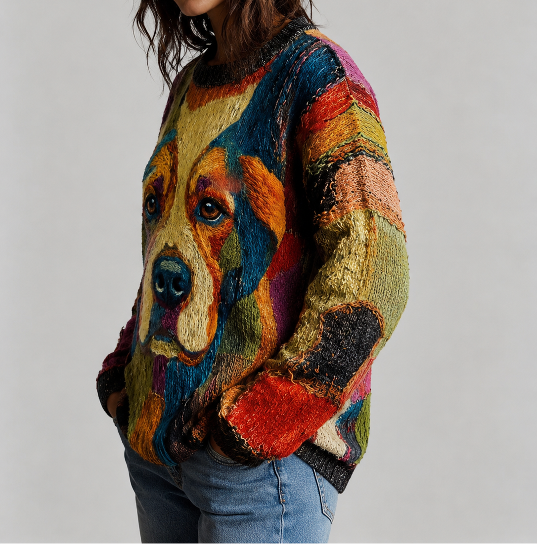 Dog Print Crew Neck Long Sleeve Sweater
