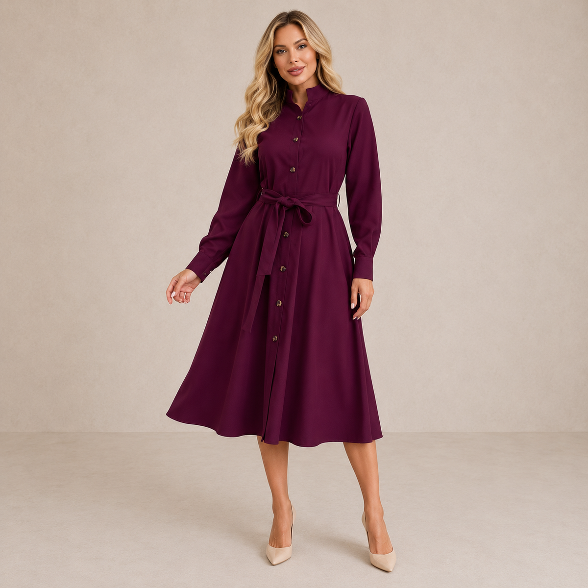 Long Sleeve Belted Button Front A-Line Midi Shirt Dress