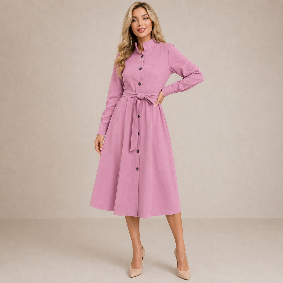 Long Sleeve Belted Button Front A-Line Midi Shirt Dress