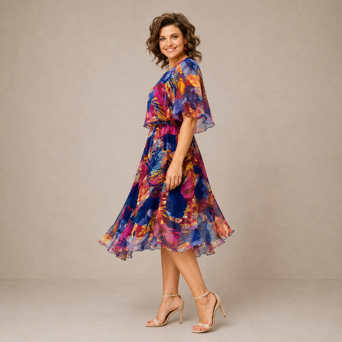 Floral Cape Overlay Chiffon Midi Dress