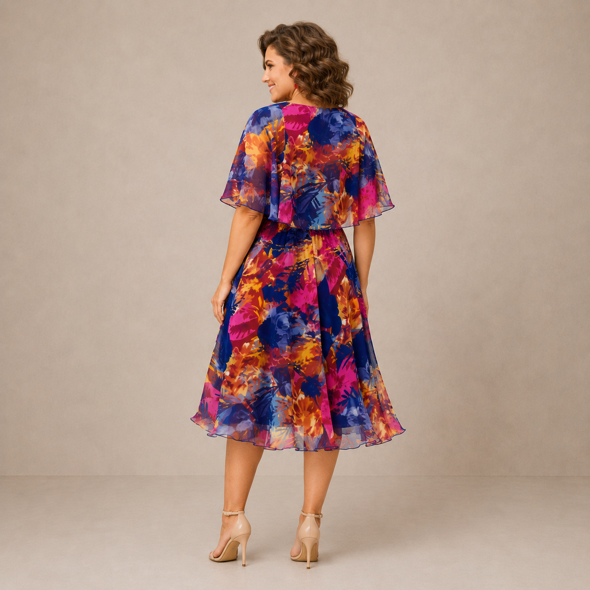 Floral Cape Overlay Chiffon Midi Dress