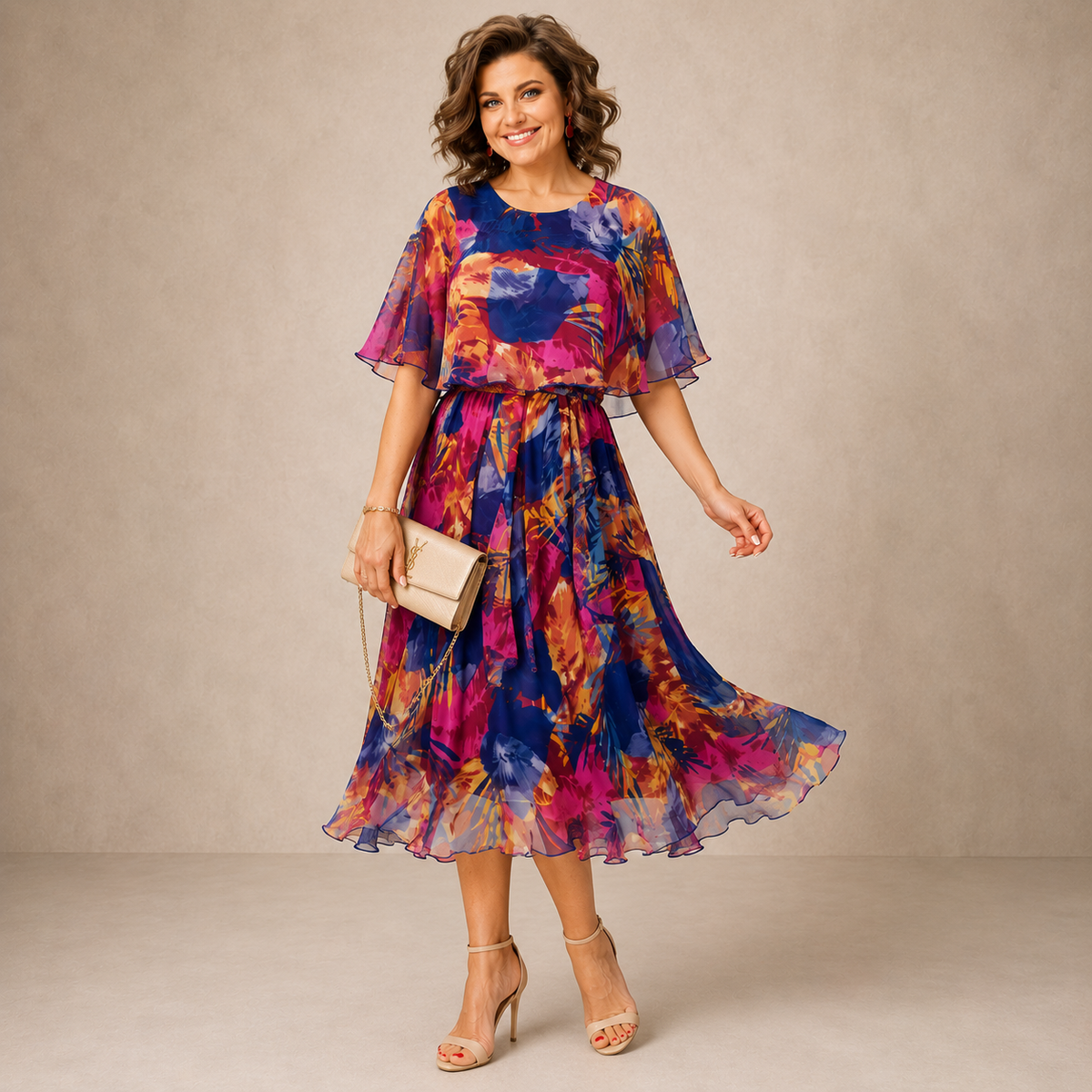 Floral Cape Overlay Chiffon Midi Dress