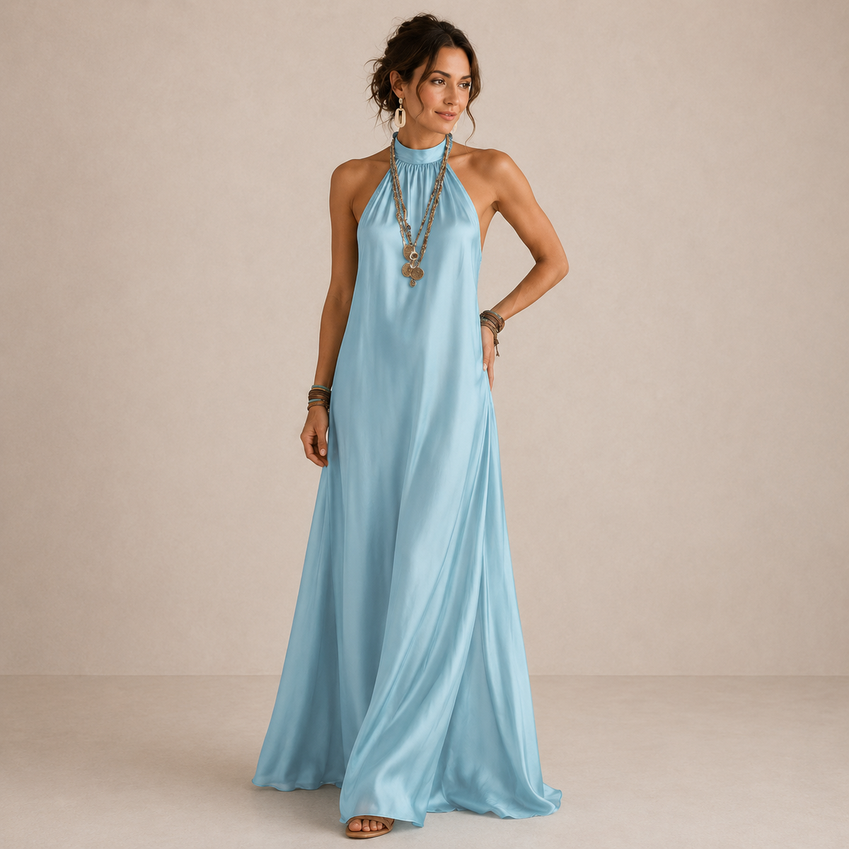 Satin Halter Neck Sleeveless Flowy A-Line Maxi Dress