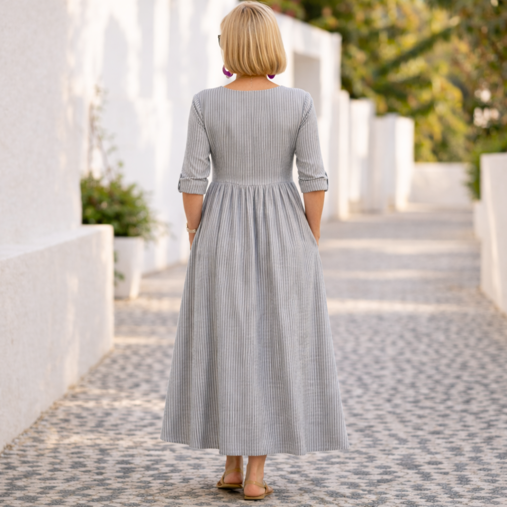 Pinstripe Square Neck Three Quarter Sleeve Pocket Maxi Dress
