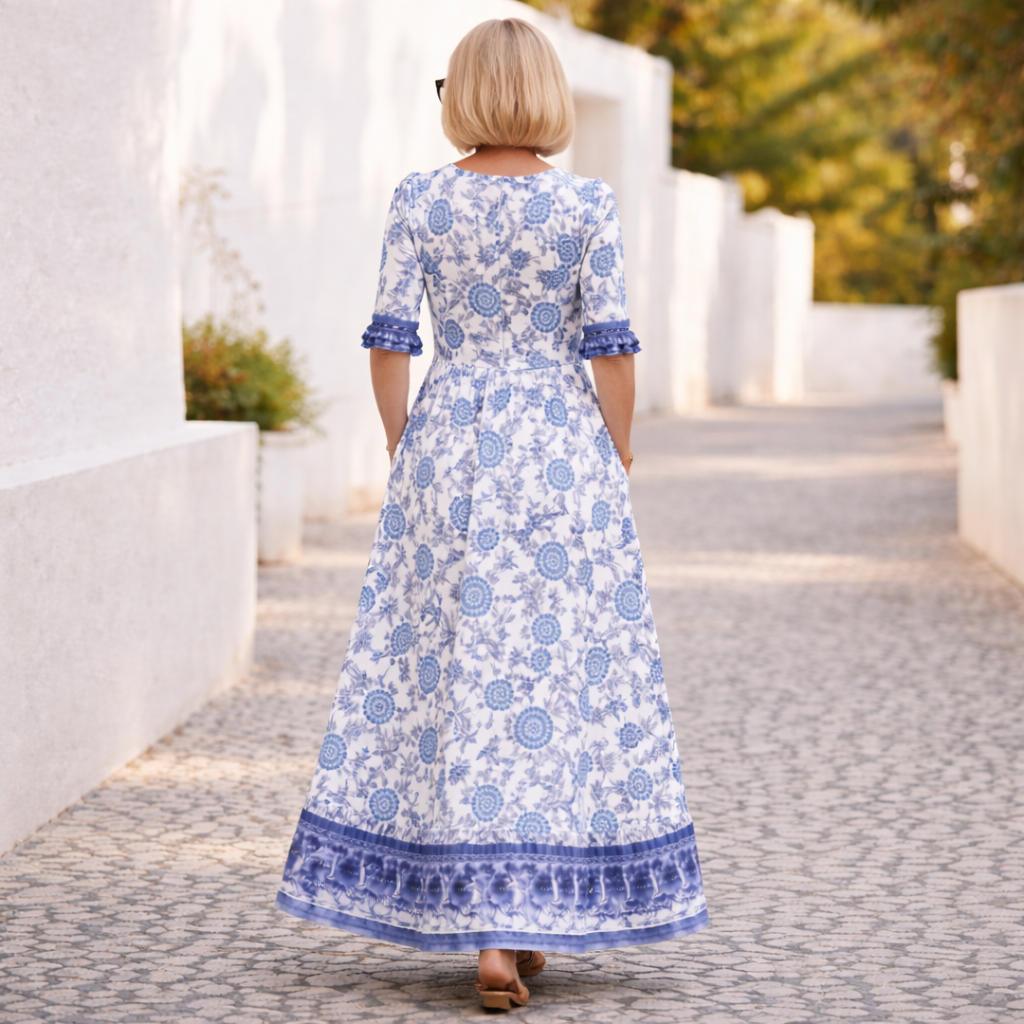 Floral Print V-Neck Short Sleeve Tiered Maxi Dress
