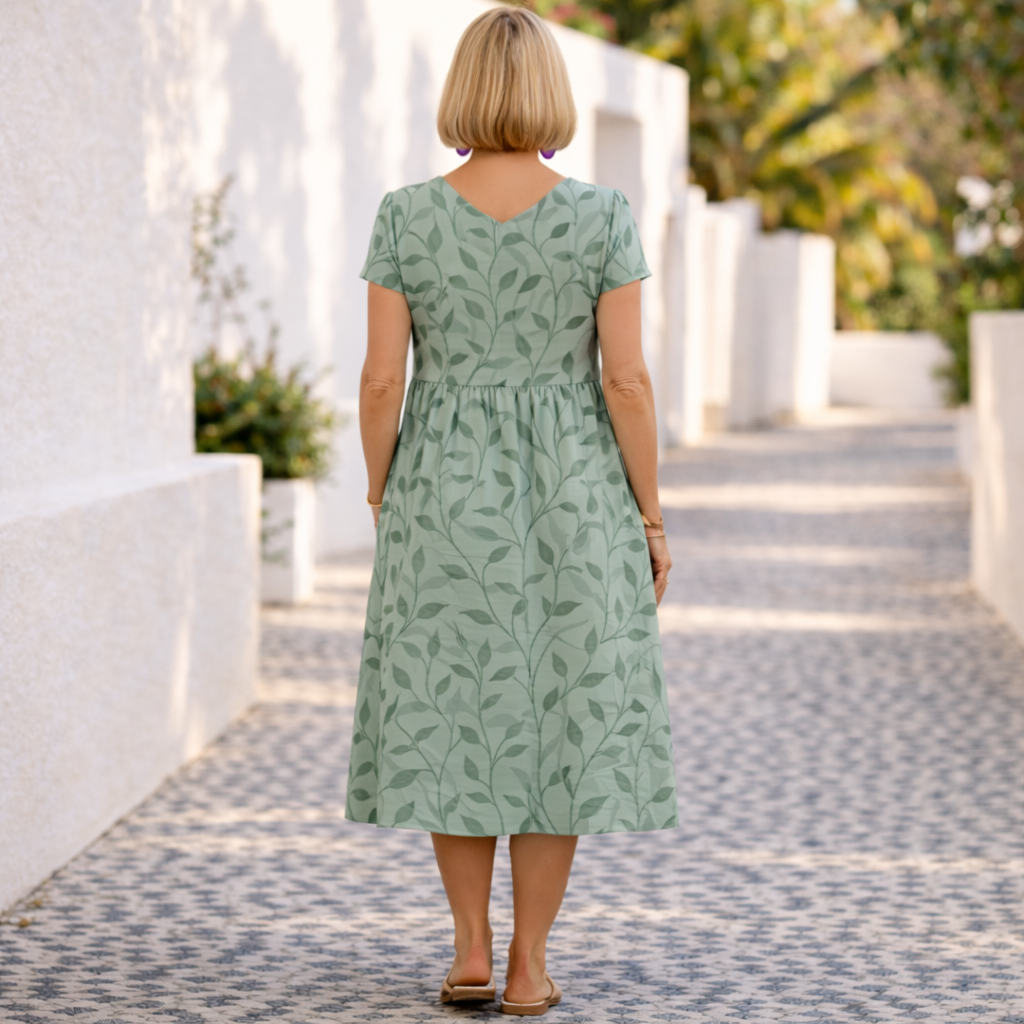 Leaf Print Notch Neck Short Sleeve A-Line Midi Dress with Pockets