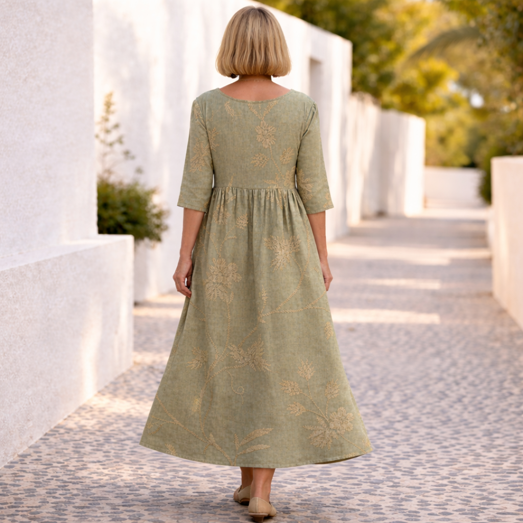 Round Neck Half Sleeve Floral Embroidered Midi Dress