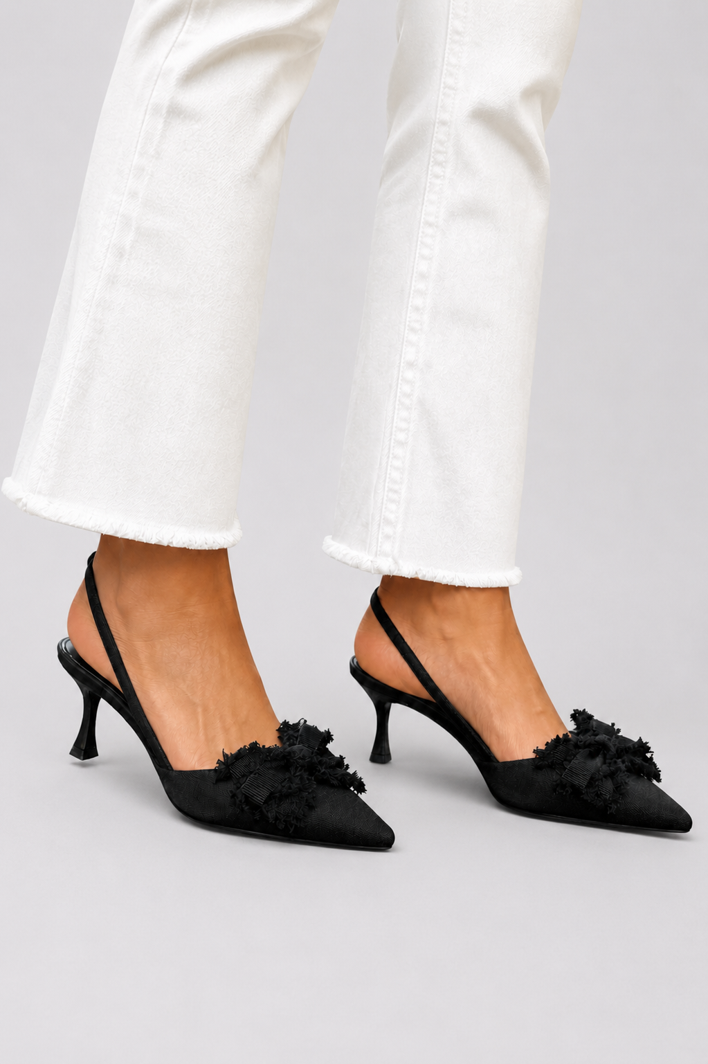 Pointed Toe Frayed Bow Slingback Kitten Heel Pumps