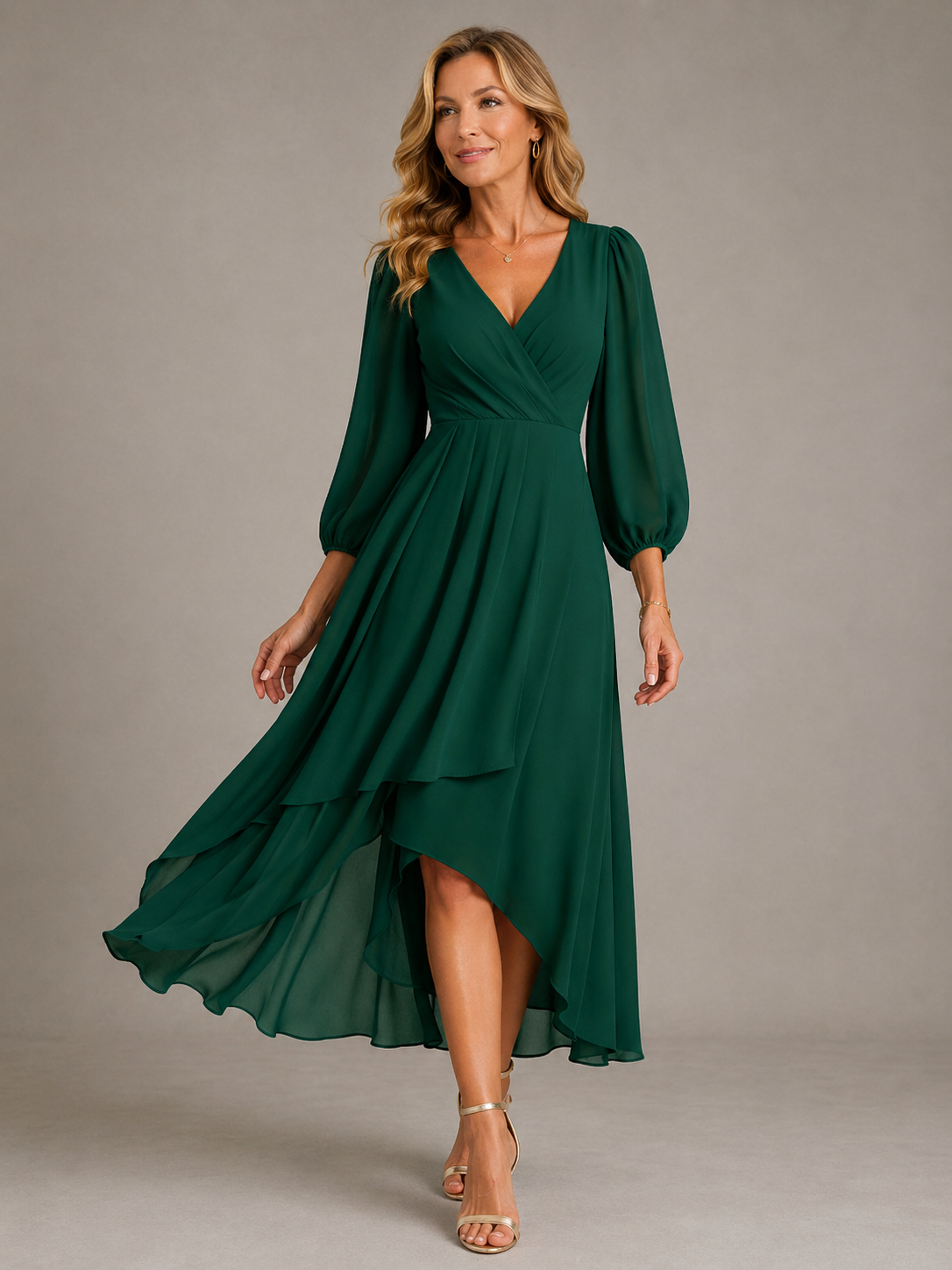 Wrap V-Neck Long Sleeve High Low Chiffon Midi Dress