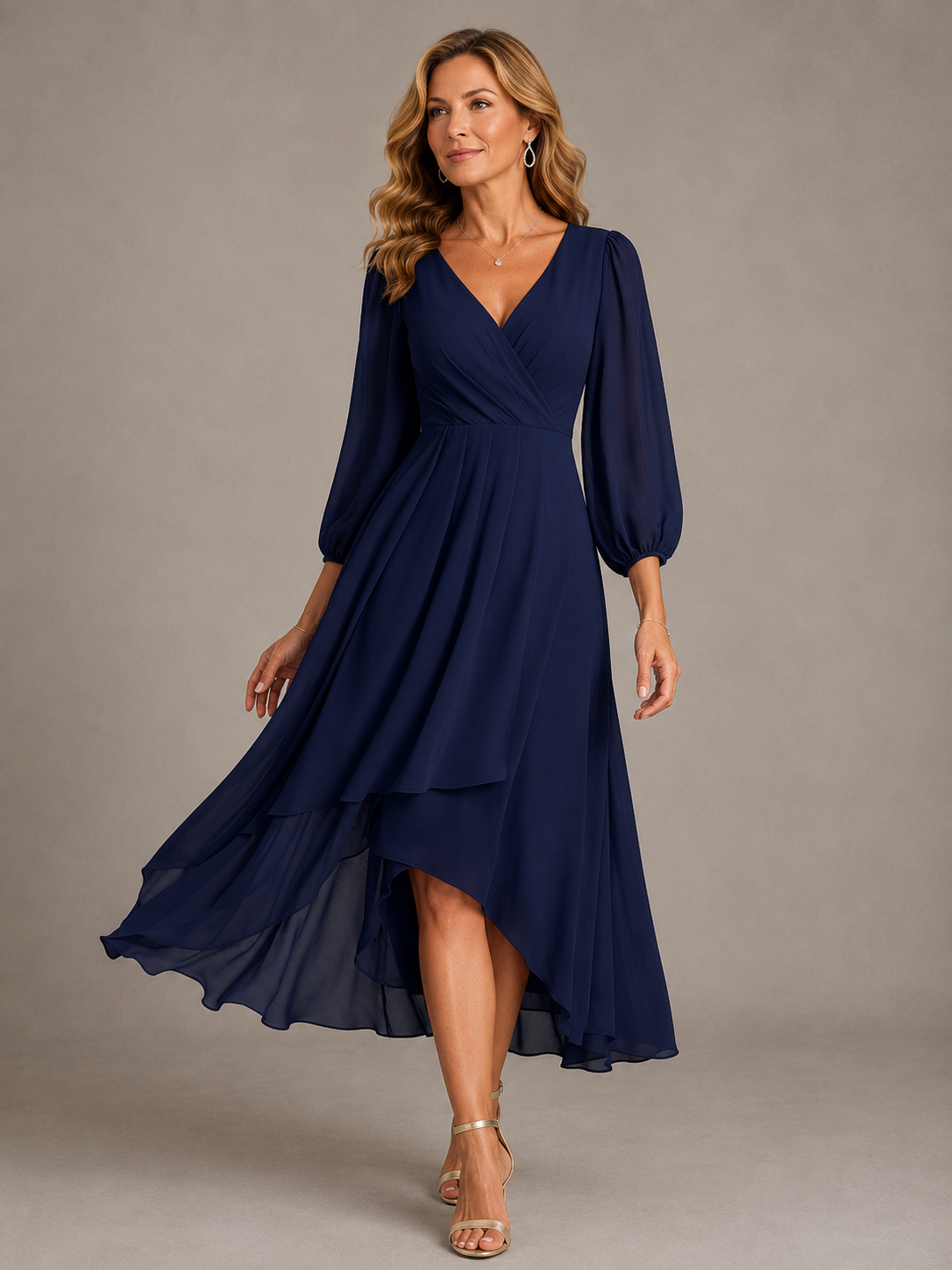 Wrap V-Neck Long Sleeve High Low Chiffon Midi Dress