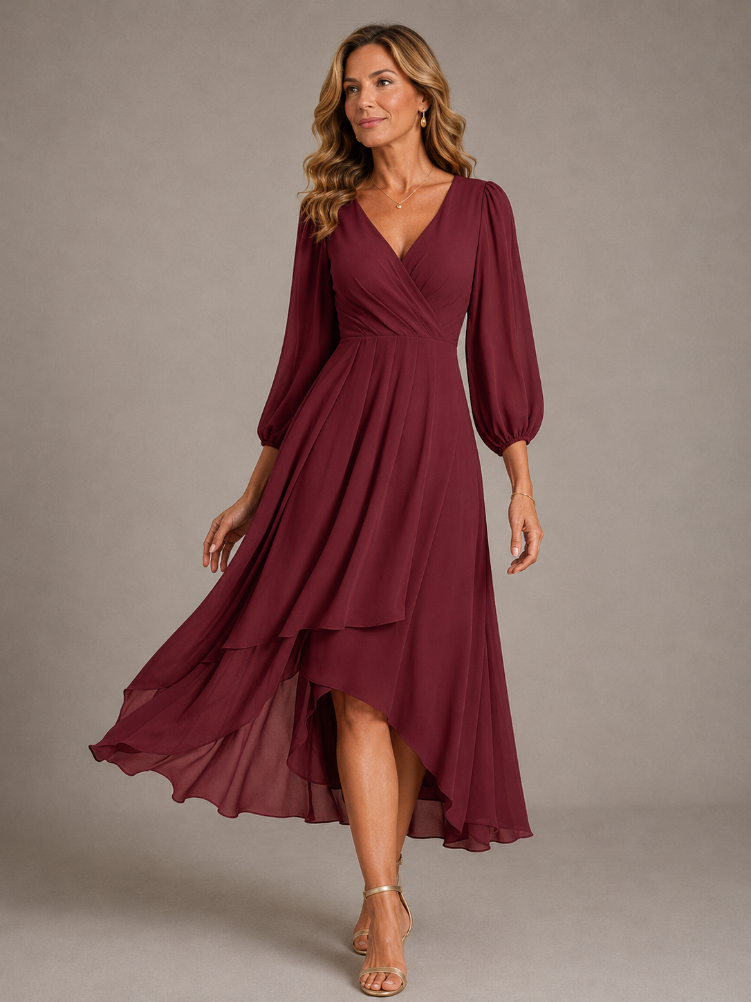 Wrap V-Neck Long Sleeve High Low Chiffon Midi Dress