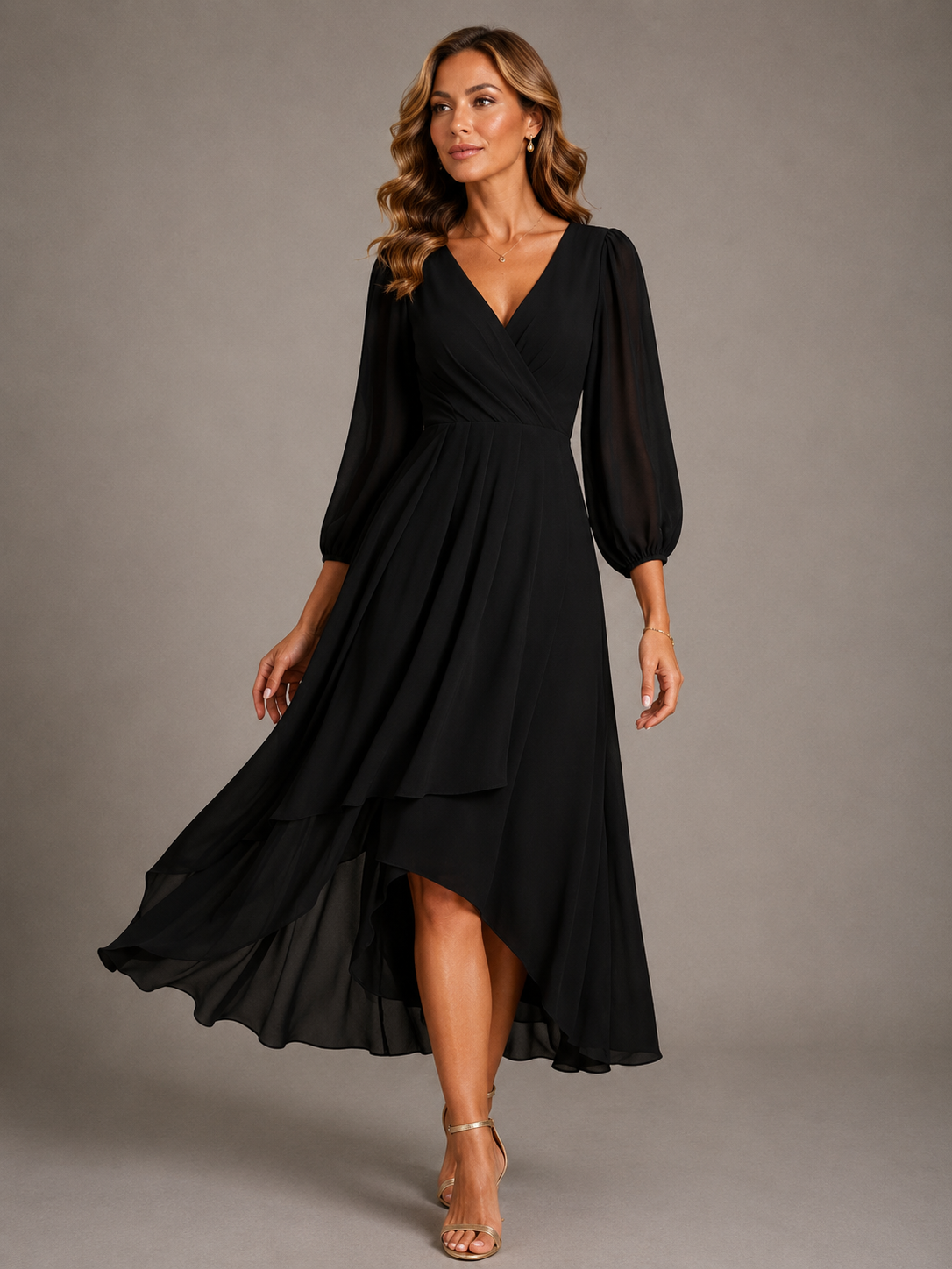 Wrap V-Neck Long Sleeve High Low Chiffon Midi Dress
