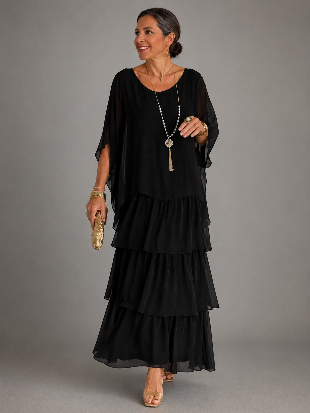 Round Neck Flutter Sleeve Tiered Chiffon Maxi Dress