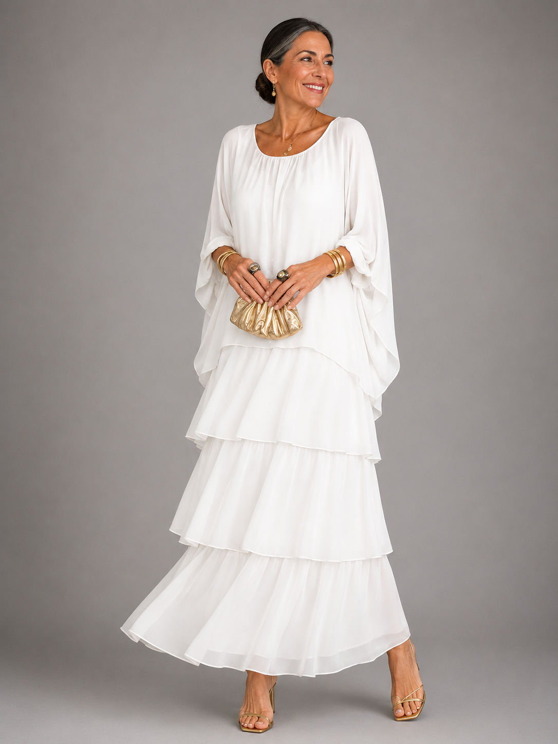 Round Neck Flutter Sleeve Tiered Chiffon Maxi Dress