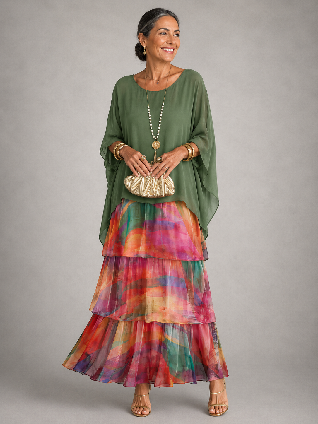 Round Neck Flutter Sleeve Tiered Chiffon Maxi Dress